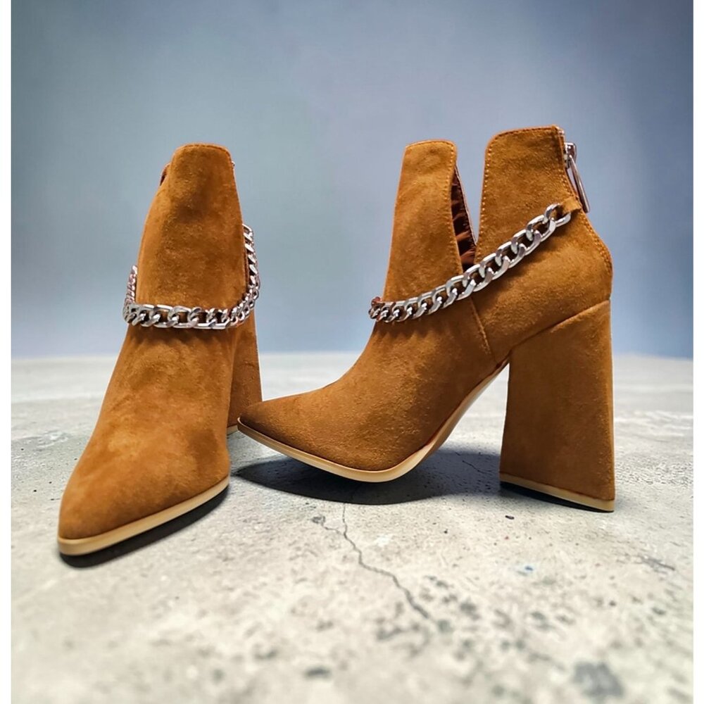 Tan Faux Suede Pointed Toe Ankle Boots With Silver Chain Detail & Block Heel